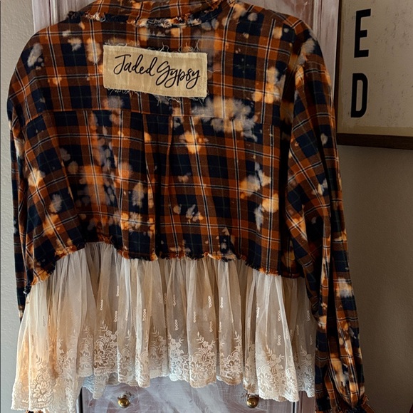 Plaid Button Down Shirt with Lace Hem - Picture 4 of 4